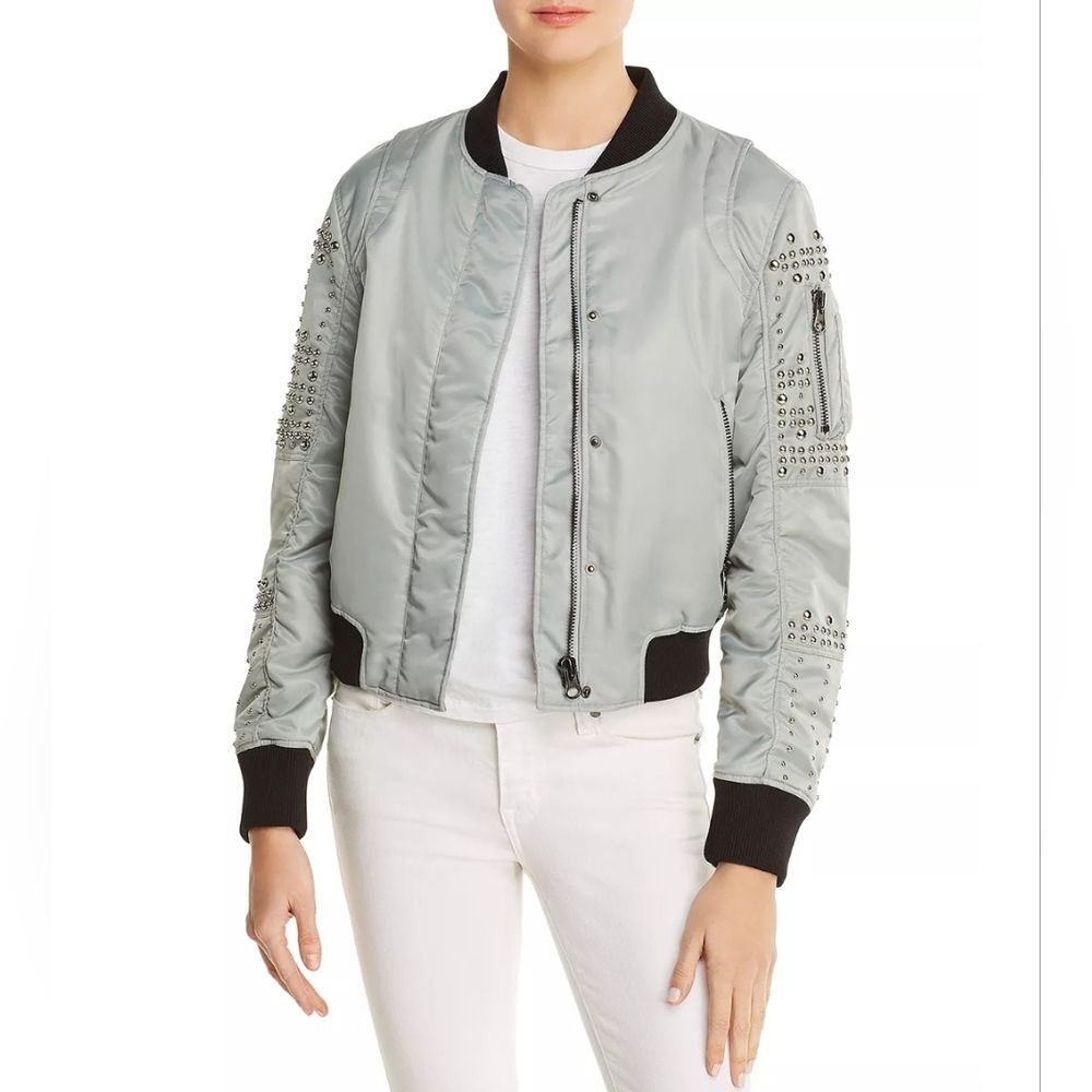 NWT DOMA Blueish Grey Studded Aviator Bomber Jacket Size L